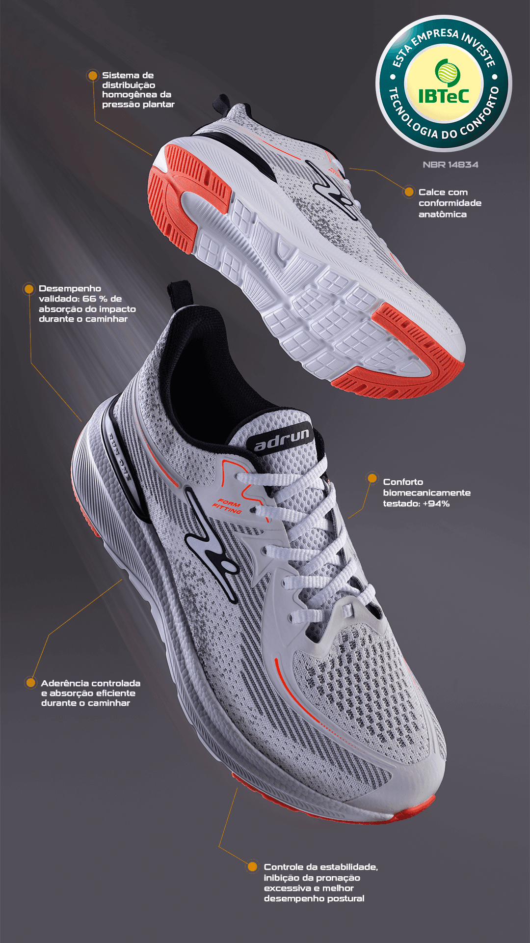 Tênis Adrun com certificação IBTeC — testes biomecânicos de conforto, absorção de impacto, estabilidade e pressão plantar