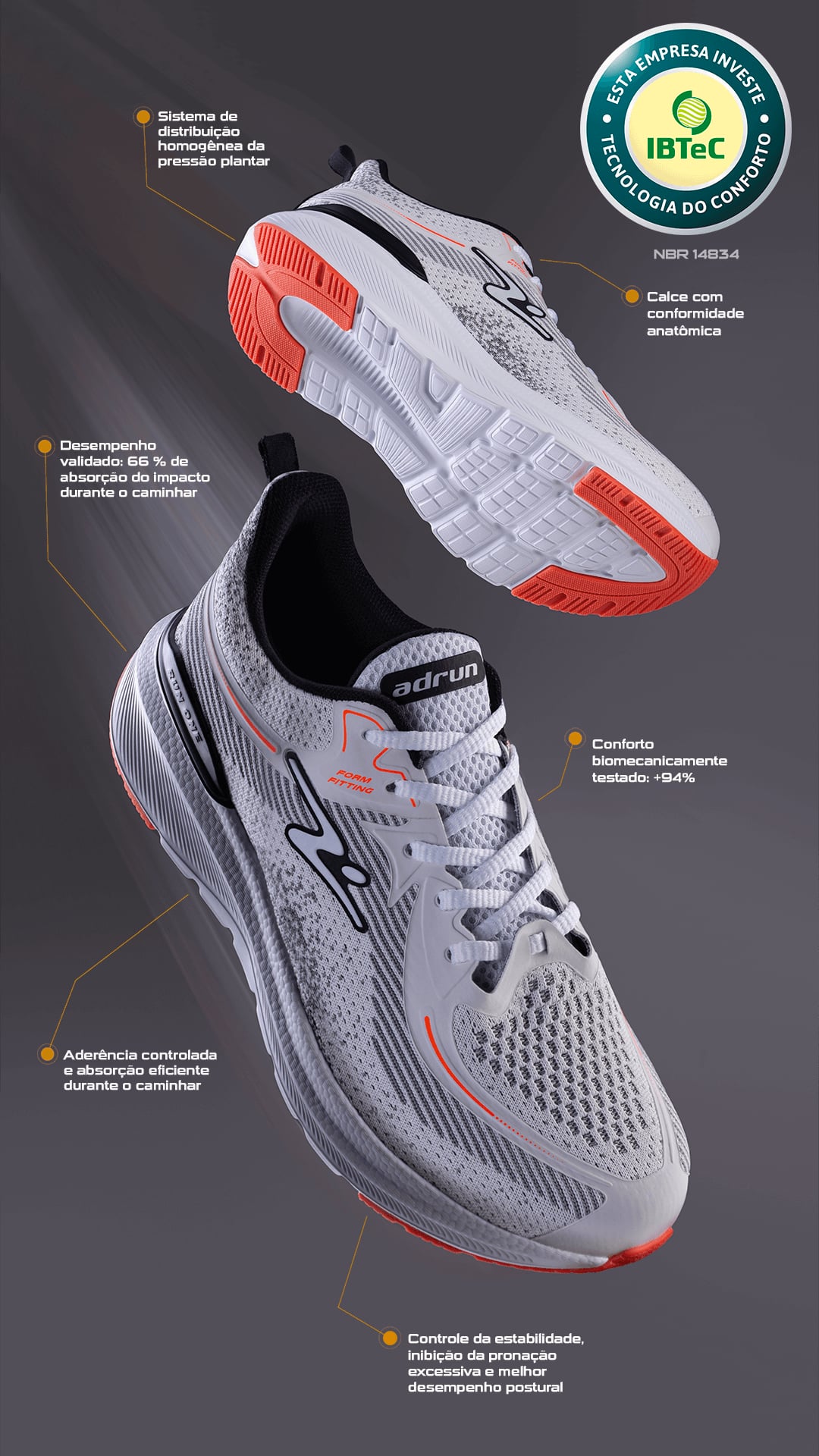 Tênis Adrun com certificação IBTeC — testes biomecânicos de conforto, absorção de impacto, estabilidade e pressão plantar